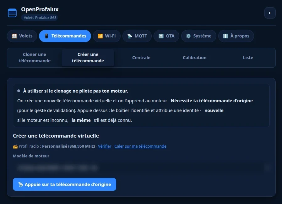 Onglet Créer une télécommande virtuelle d'OpenProfalux : choix du modèle de moteur, puis appui sur la télécommande d'origine