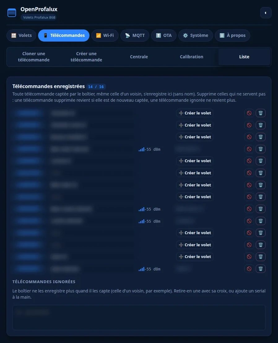 Onglet Télécommandes d'OpenProfalux, sous-onglet Liste : les télécommandes apprises et les volets qu'elles pilotent (noms masqués)