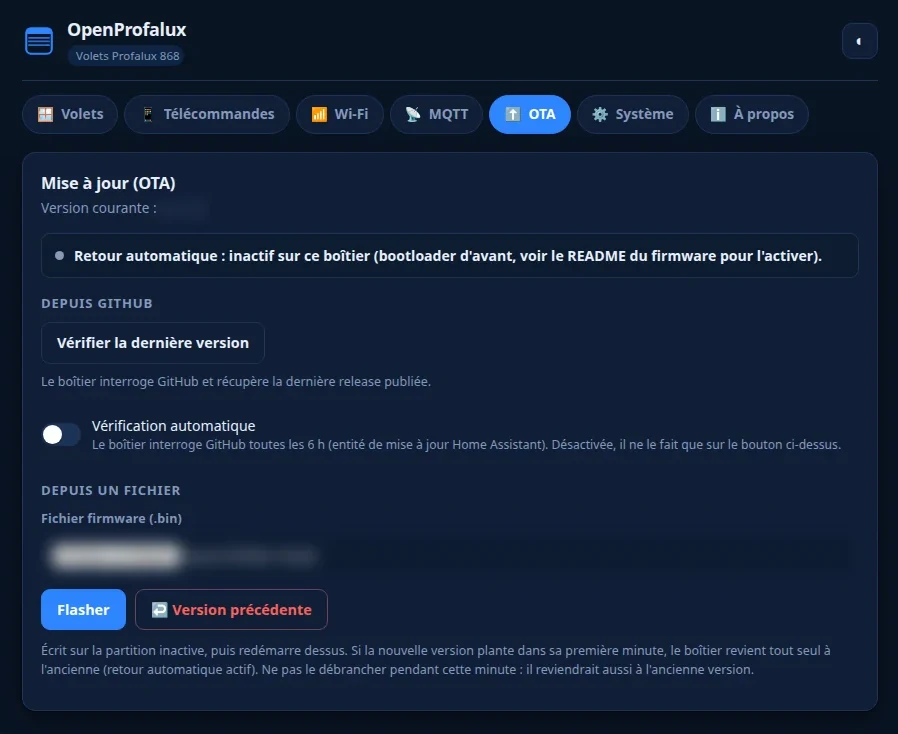 Onglet OTA d'OpenProfalux : mise à jour du firmware depuis GitHub ou par upload du binaire, avec retour arrière automatique