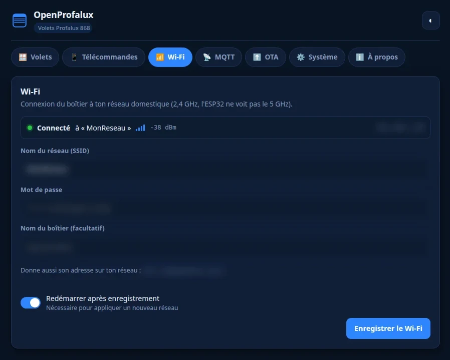 Onglet Wi-Fi d'OpenProfalux : état de la connexion, SSID, mot de passe et nom du boîtier (valeurs masquées)