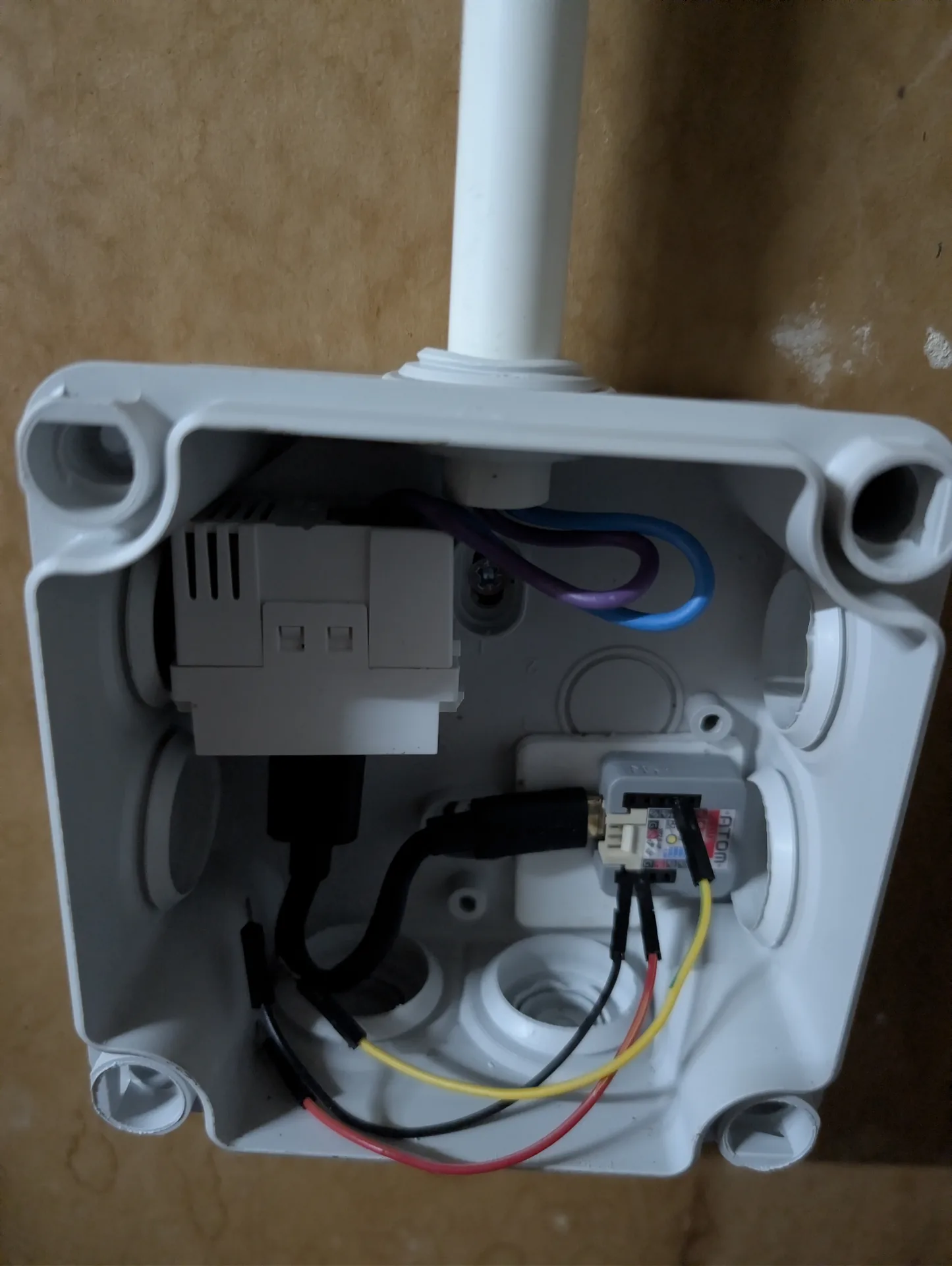 Intérieur du boîtier Plexo : alim 220 V à gauche, ATOM Lite avec Dupont à droite